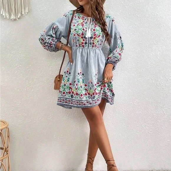 Boho Floral Print Tassel Stripes Long Sleeve Dress - Picture 4 of 5